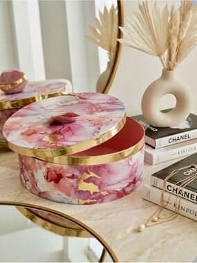 Elegant Marble Pattern Round Keepsake Box Storage Gold Foil Rim Pink Accents New